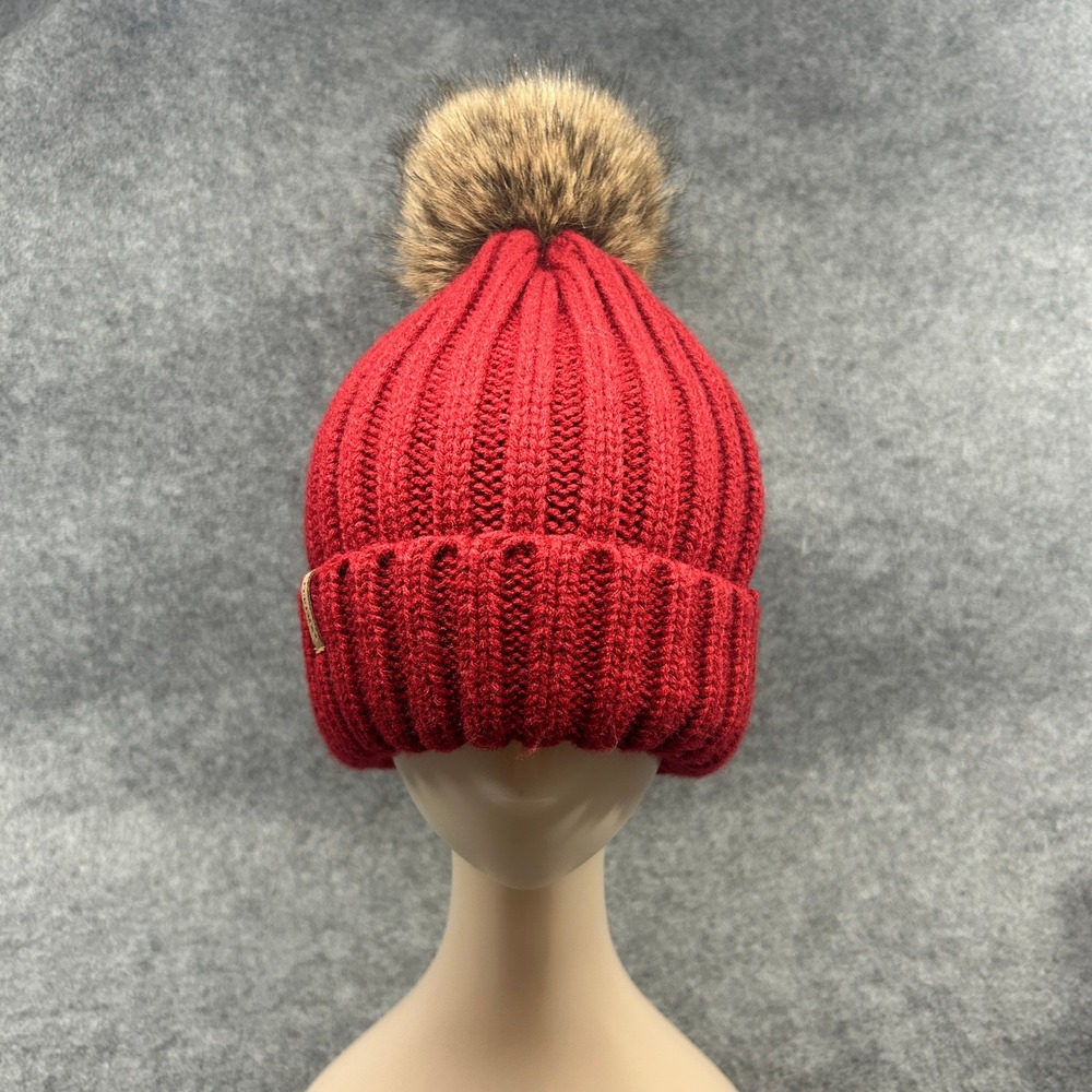 Furtalk Womens Ribbed Knit Pom Beanie OS Red Faux Fur Pom Pom Hat